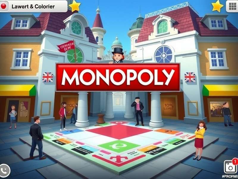 Smartphone displaying the Monopoly GO game board with colorful properties and dice