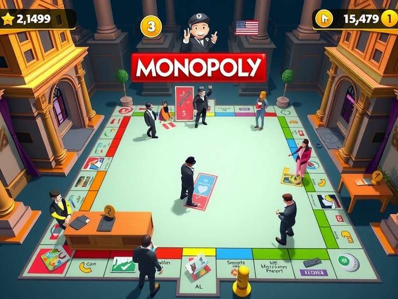 Monopoly GO online gameplay interface showing boards, dice, and properties
