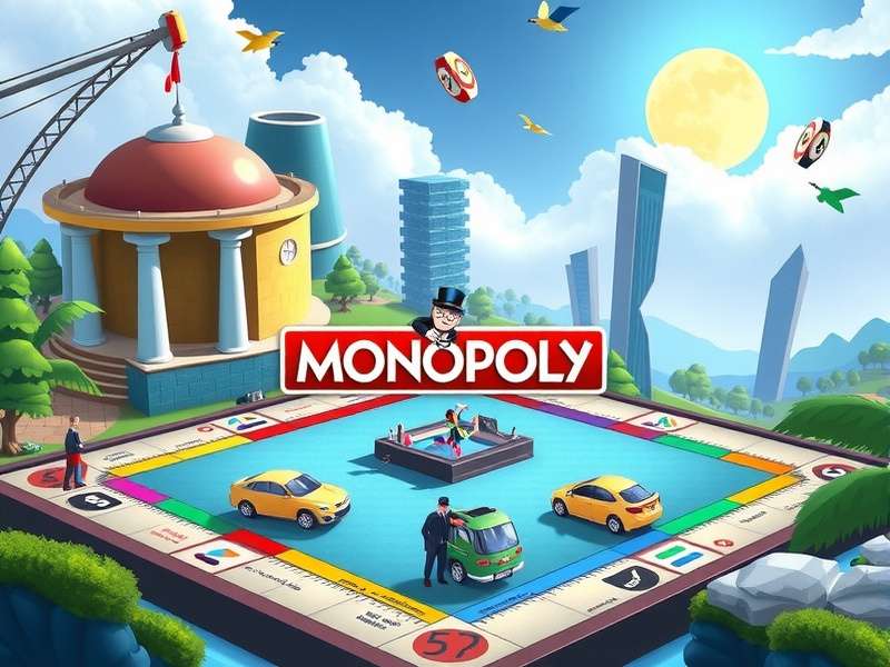 A vibrant digital game board of Monopoly GO on a mobile device, showing colorful properties and dice