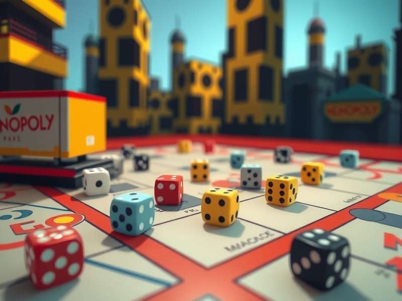 Close-up of monopoly dice on game board with glitch effect overlay