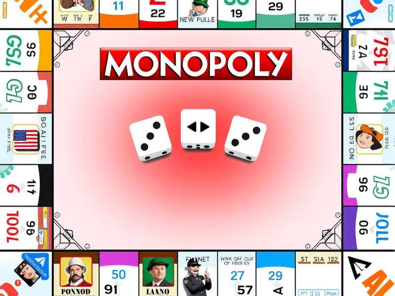 Monopoly GO game board with dice and tokens spread out on a wooden table